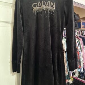 ✨ Calvin Klein Velour Hoodie Dress – Black with Rhinestone Logo ✨